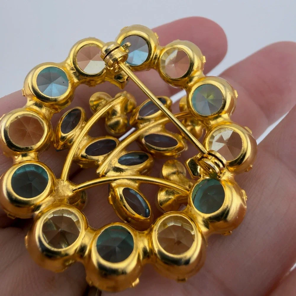 Vintage Wreath Brooch Women Gold Tone Blue Yellow Crystal Faux Pearl Pin 1.75